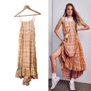 fp one Dress Plaid Orange XS Sleeveless Raine Maxi Hi-Low Cottagecore Farmhouse